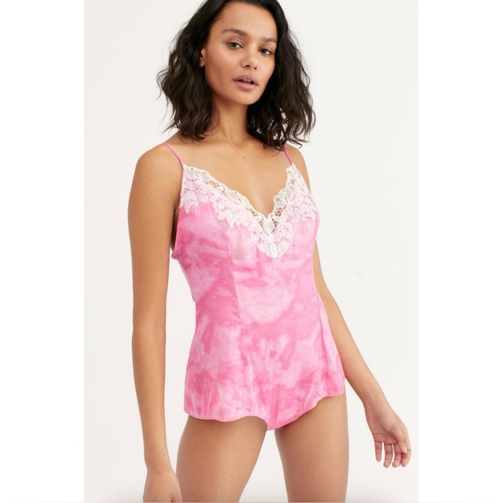 Free People Luella Print Lace Trim Satin Bodysuit Berry Kiss Combo Silky Pink